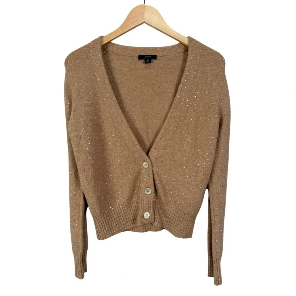 J Crew Sparkle Embellished Cardigan Sweater Camel XS V Neck Button Front‎ Knit